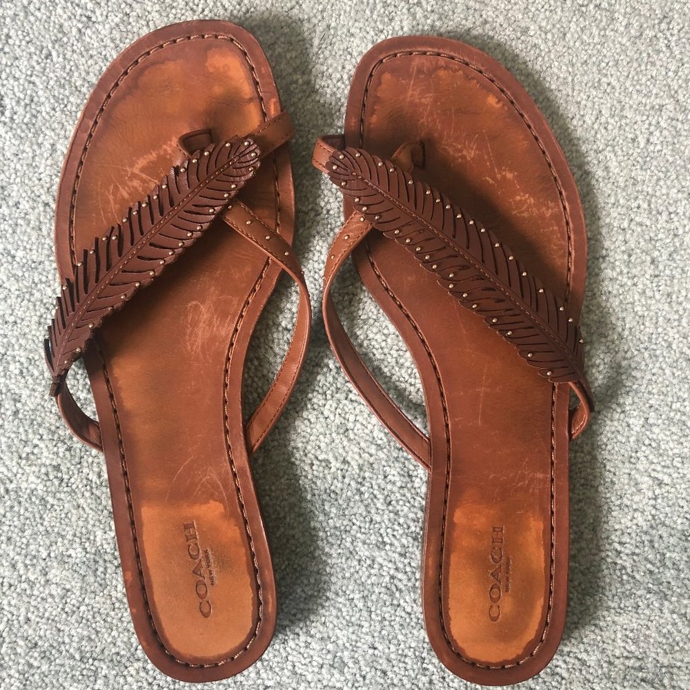 Coach brown leather flip flops size 10, women